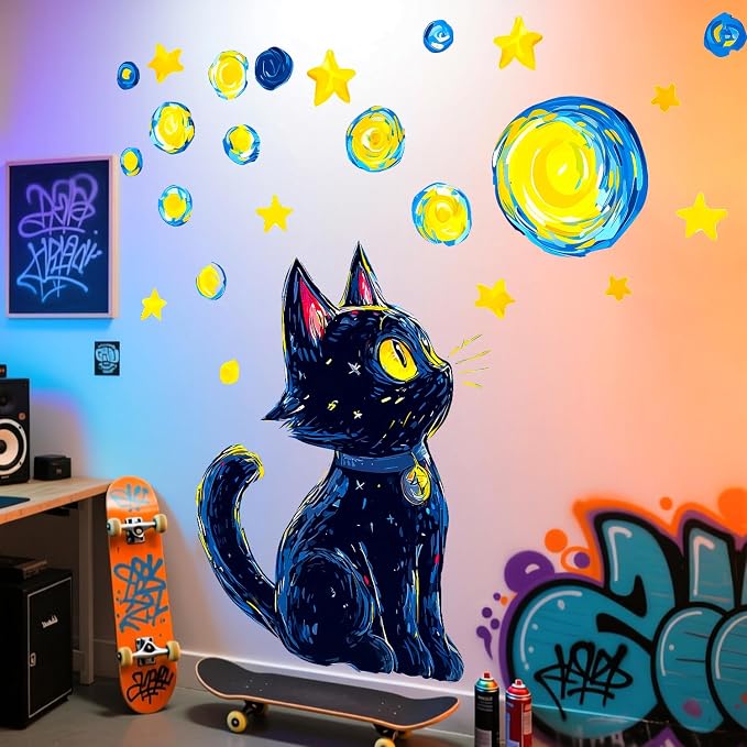 Starry Night Sky Cute Black Cat Removable Wall Decals Peel and Stick | Van Gogh wall decor with swirling moon & stars, vinyl wall art for kids bedroom, living room, residue-free for renters by VePret