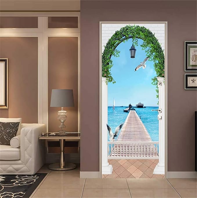artfanke 3D Door Sticker Peel and Stick 30.3"x78.7"- Self-Adhesive Door Murals Wallpaper - Arched Seagulls Bridge Seascape Wall Decal for Bedroom Decor (2 Sheets/Set) - Image 4