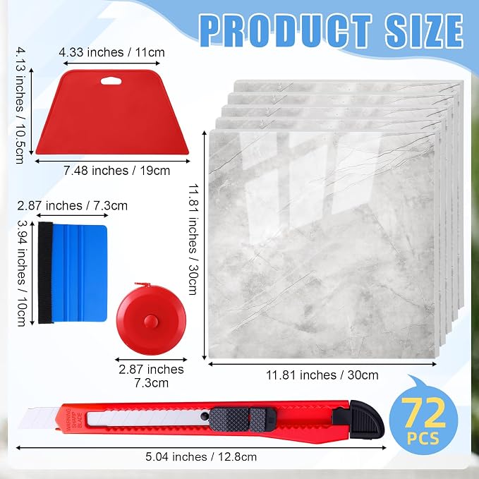 Nuanchu 72 Pcs Peel and Stick Shower Waterproof Tiles Wall Panels 12 x 12 Inch Self Adhesive Backsplash with Ruler Knife & 2 Scrapers for Washroom Bathroom Living Room, Not Real Tile (Grey Marble) - Image 2