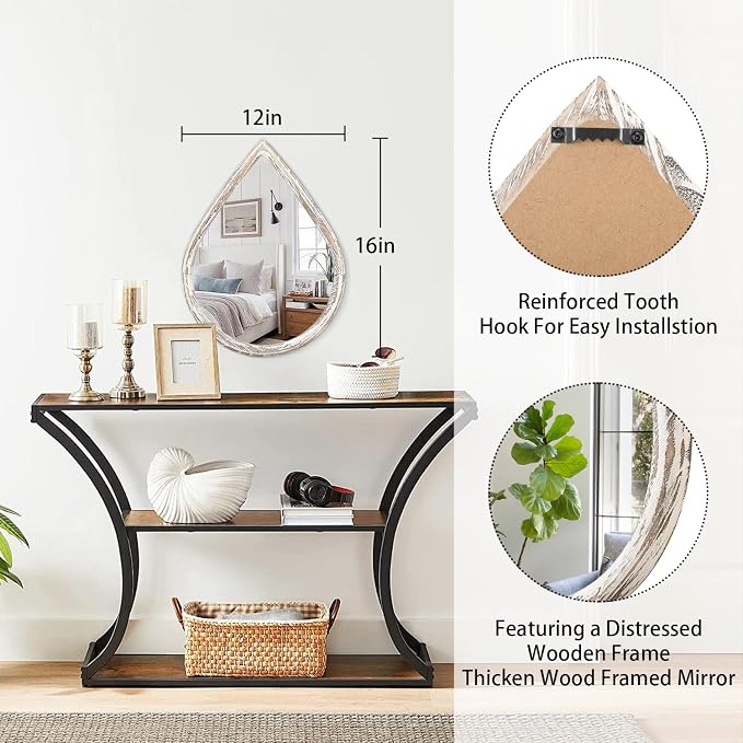 Small Teardrop Mirror Rustic White Wood Frame Mirror Farmhouse Hanging Mirror for Wall, Bathroom, Living Room, Entryway, Hallway - Image 5
