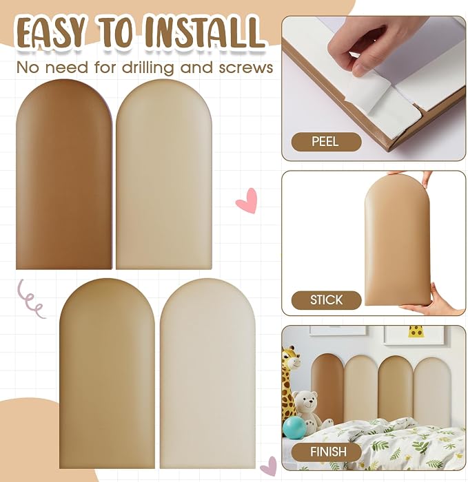 Jetec 4 Pcs Kids Wall Padding Panels, 1.18 Inch Thick Foam Wall Protector, 15.75 x 7.87 Inch Soft 3D Brown Safety Panels for Nursery & Playroom - Image 4
