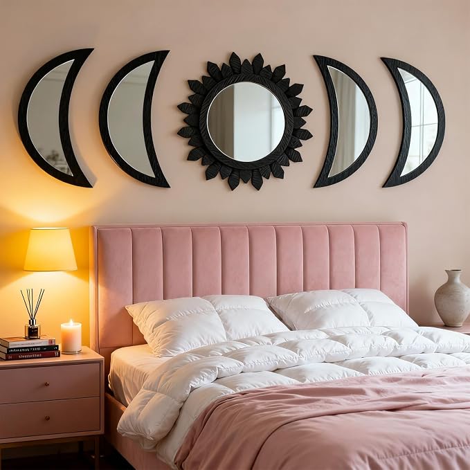 5 Pieces Moon Phase Mirror Wall-Mounted Wall Decor Mirrors Natural Wooden Sunburst Bohemian Wall Art for Home Living Room Bedroom Decoration - Image 8