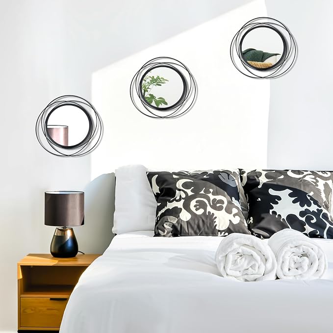 3 Set Round Mirrors for Wall Decor Living Room Bedroom Bathroom Dining Room Metal Circle Mirror Set Boho Decorative Sunburst Wall Art Accent Entryway - Black 9.5 in - Image 3