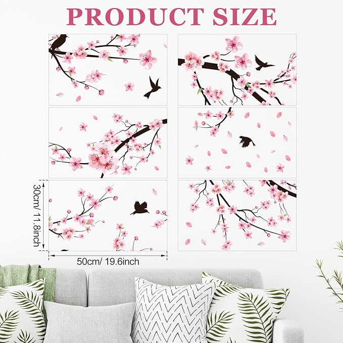 Zonon 6 Pcs Flower Wall Decals Peel and Stick Sticker, Cherry Blossoms | Vinyl Removable Wall Stickers & Murals, Pink Cherry Blossoms Wall Decals, Colorful Floral Decor for Bedroom, Living Room - Image 2