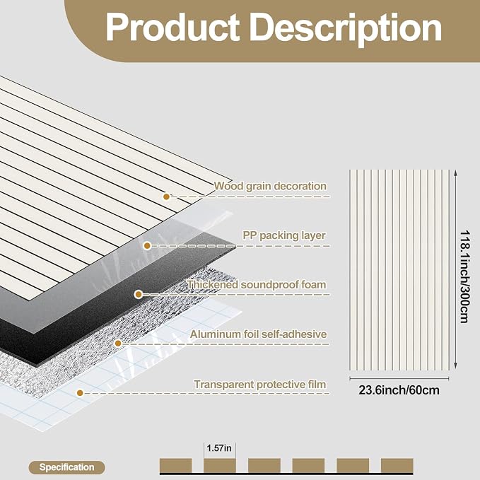 Chejiaye Peel and Stick 3D Wall Panel -23.6"x118"Soundproof Self-Adhesive Wall Sticker, Removable Thick PVC Slat Contact Paper for Kitchen Bedroom,Ceiling Wall Decoration Wood Grain (Light White) - Image 4