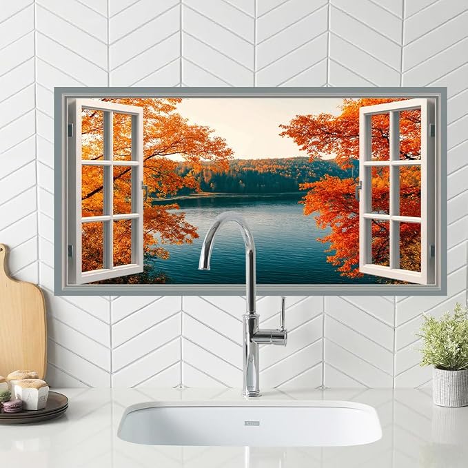 Autumn Lake Kitchen Backsplash Peel and Stick, 30x16 in | Open window view of fiery orange autumn forest over still blue lake; flat 2D waterproof peel and stick; wipe clean; 30x16 in - Image 5