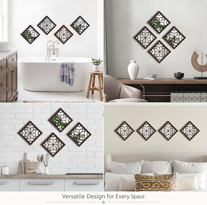 ZEXUIRU 4 Set Rustic Wall Mirrors for Bedroom Bathroom Living Room Entryway Wood Farmhouse Square Easy to Hang Framed Decorative Accent Hanging Wall-Mounted Mirror Set for Living Room -Walnut - Image 6