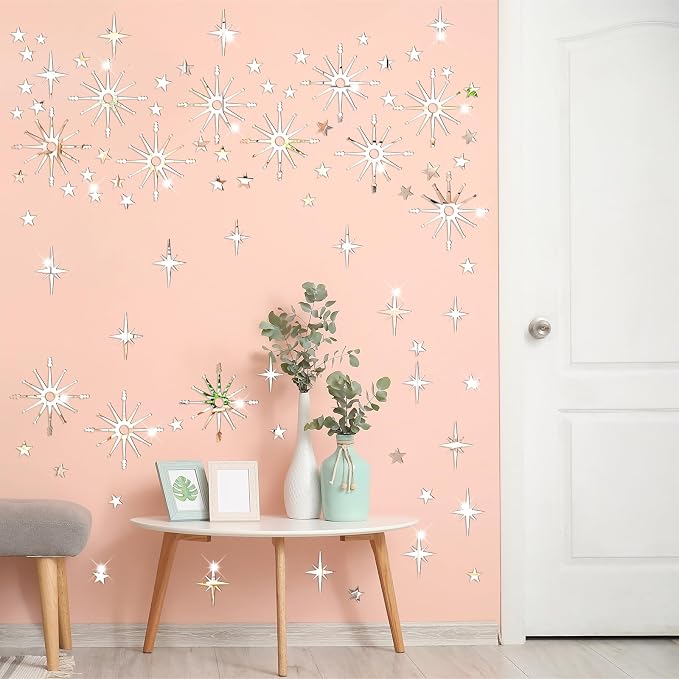 Star Wall Decals MCM Starburst Stickers Silver Mirror Decal Peel and Stick | Celestial decor, sparkle wall stickers, modern mid century decor, removable art mural, for kids bedroom living room farmhouse - Image 9