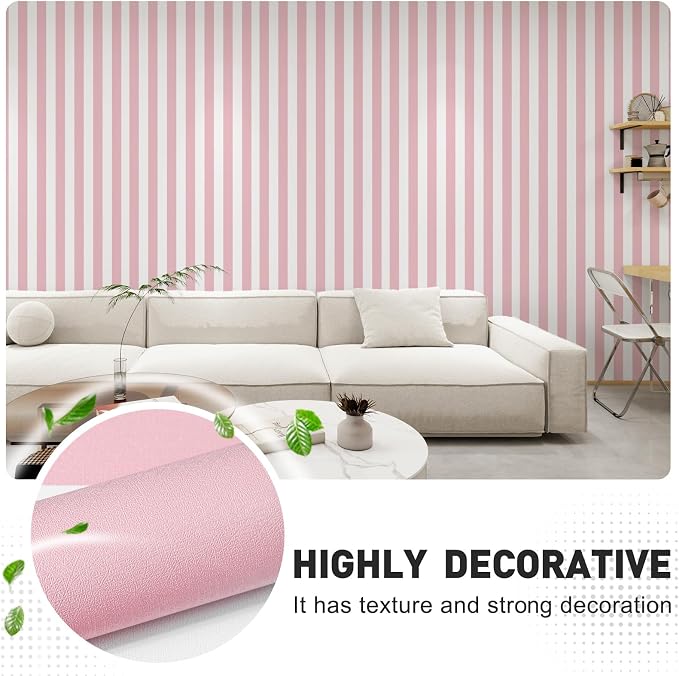 Pink and White Striped Wallpaper Peel and Stick Wallpaper Self-Adhesive Removable Waterproof Wall Paper for Walls Modern Vinyl Film 17.3”x300” - Image 3