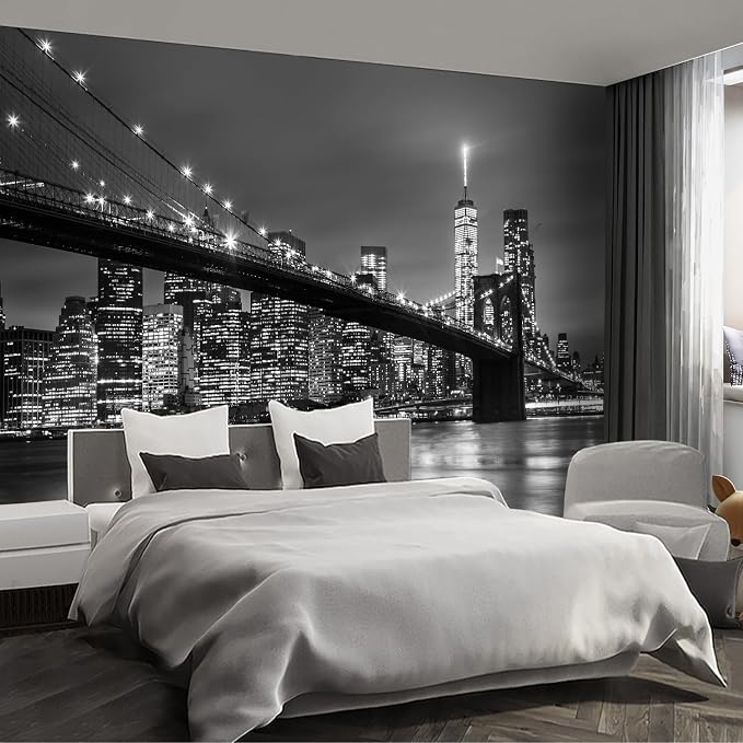 Gray Brooklyn Bridge at Night NYC wall murals new york Peel and Stick self Adhesive Wallpaper for Bedroom Living Room - 58"x80" by Fightal