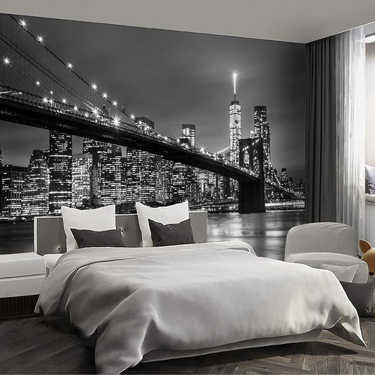Gray Brooklyn Bridge at Night NYC wall murals new york Peel and Stick self Adhesive Wallpaper for Bedroom Living Room - 85"x118" by Fightal