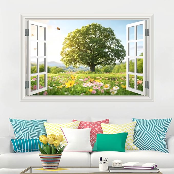 Fake Window Wall Sticker Decal Spring Green Grassland Tree Faux Window Flowers Poster Picture Open Wall Art Decor, Stick and Peel Landscape Natural Scenery Canvas Scene Mural,16"x24" - Image 3