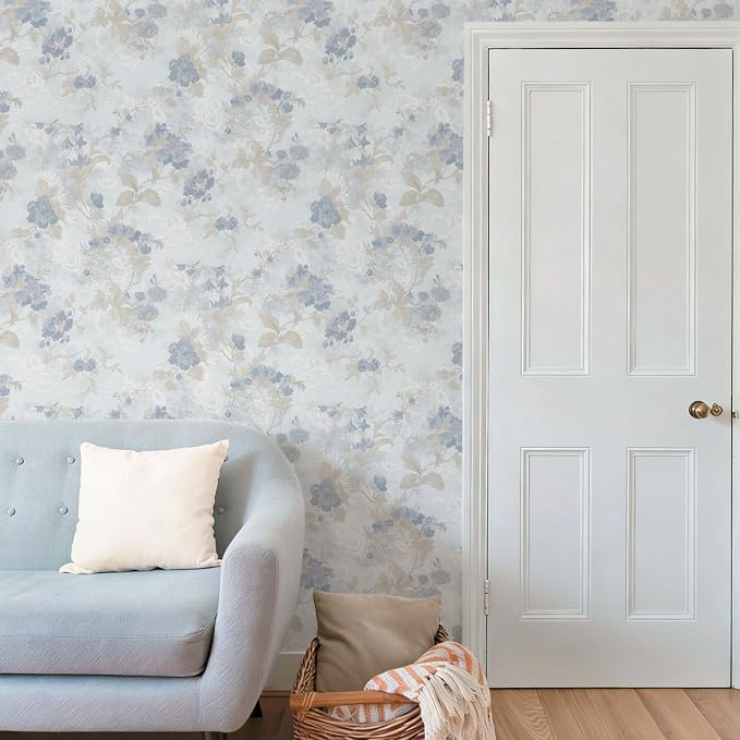 Ismoon Vintage Wallpaper Floral Peel and Stick Wallpaper 17.3in x6.56ft Blue Country Retro Flower Wall Paper Texture Removable Stick on Wall Paper for Bathroom Cabinets Countertops Self-Adhesive Vinyl - Image 7