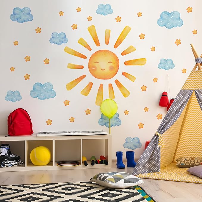 35.4 ×11.8 Inch Sun Clouds Wall Decal Watercolor Mural Modern Vinyl Removable Peel Stick Sticker for Nursery Room Playroom Living Room Bedroom Decor - Image 4