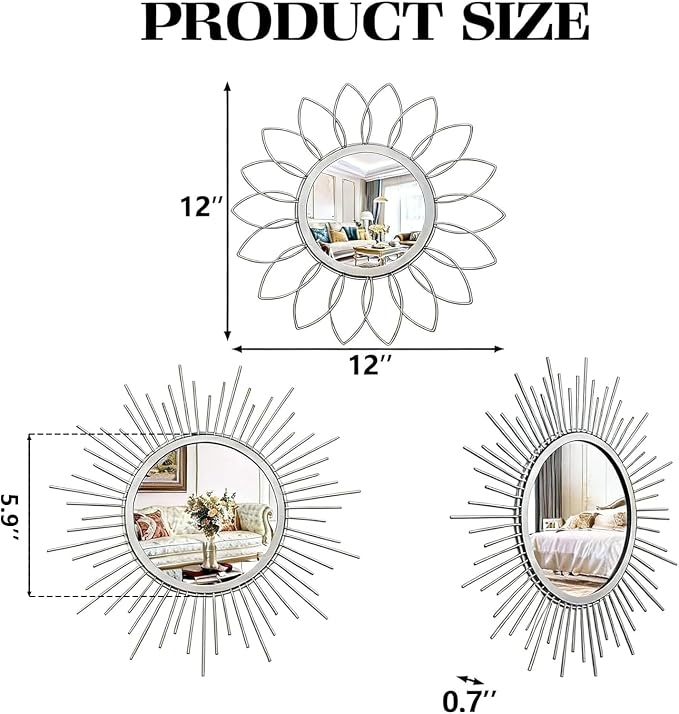 Boho Sunburst Wall Mirror Set of 3, 12 Inch Round Antique & Modern Metal Wall Art, Hanging Over The Door Mirrors for Wall Decor in Living Room, Bedroom, Bathroom, Entryway（Sliver） - Image 2