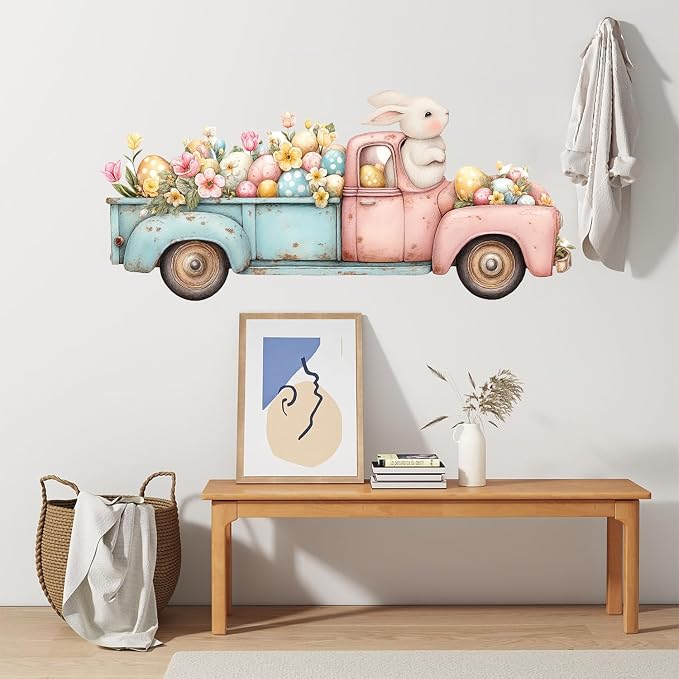 ANNA QUEEN Easter Bunny Truck Wall Decals Peel and Stick Vintage Easter Rabbit Truck Wall Stickers Removable Vinyl Easter Egg Wall Decor for Nursery Kids Room Spring Holiday Wall Art - Image 7