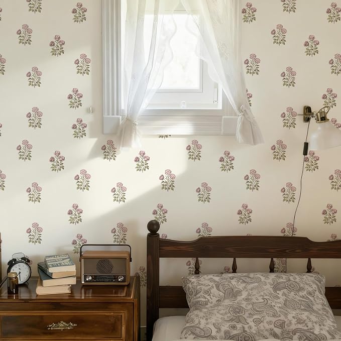 17.3"× 590.5" Vintage Floral Wallpaper Peel and Stick Boho Wallpaper Removable Waterproof Beige Rose Pattern Contact Paper for Bedroom, Bathroom, Home Wall - Image 3