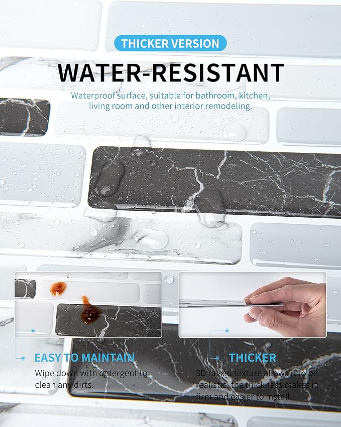 Art3d 12 x 12 in Peel and Stick Backsplash, Vinyl Wall Tile, 10-Pack, Grey | Thickened Design, Waterproof, Self Adhesive, Easy to Install, No Residue, for Kitchen, Bedroom, Ideal for Recently Moved - Image 9