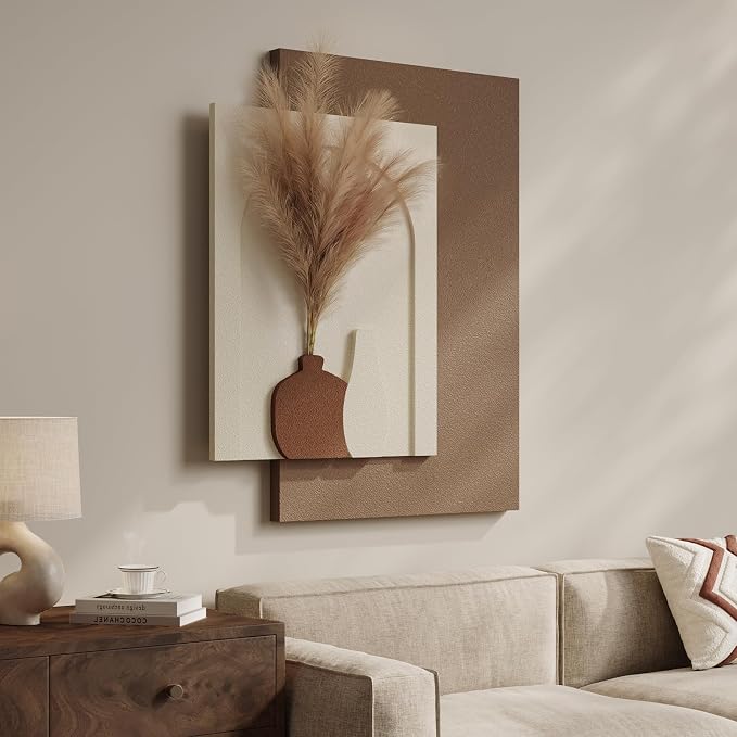 Cuspin Boho 3D Textured Wall Art, Neutral Artwork for Walls with Pampas | Beige Brown Sandstone Textured, Faux Pampas, Layered Panle Design, Art for Living Room Bedroom Dining Room - Image 2