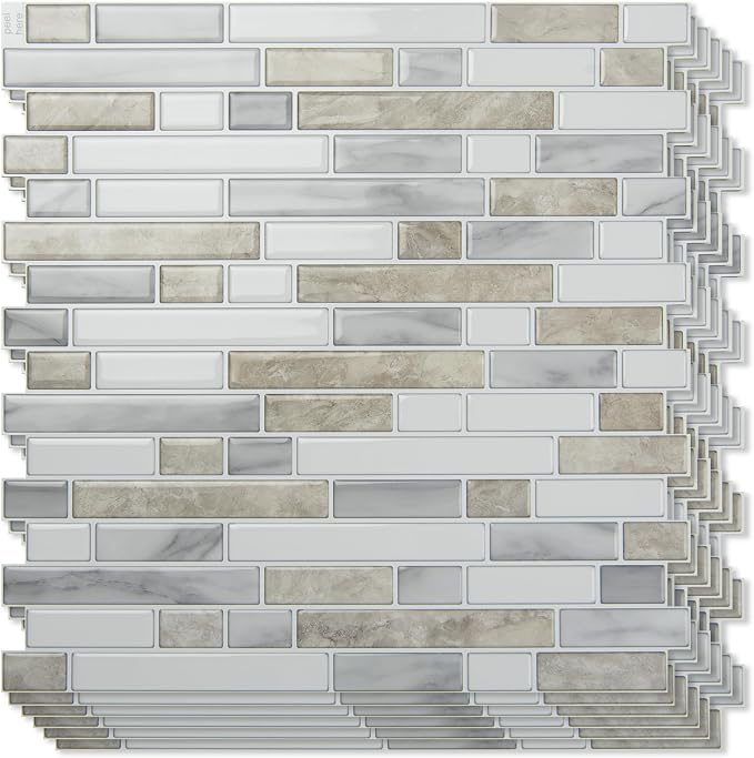 Art3d Linear Design Tile Peel and Stick Backsplash, 10-Sheet, Beige & White | 12 x 12 Inch, Enhanced Thickness, Warp Resistant, Strong Adhesion, Sturdy, for Kitchen, Bedroom, Ideal for Home Improvement by Art3d
