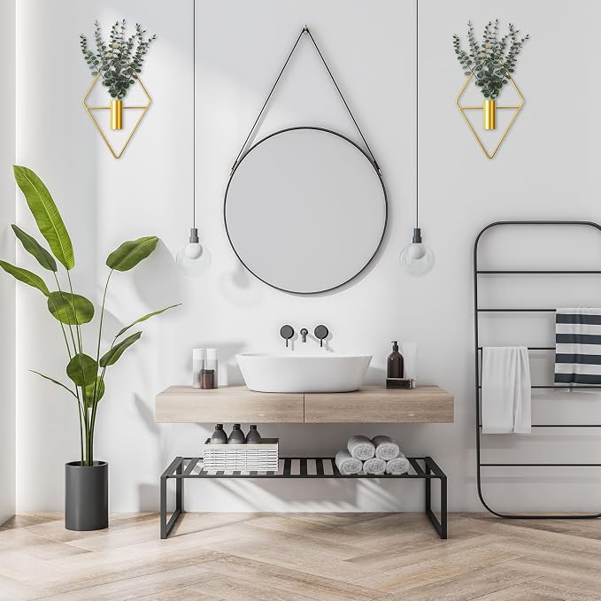 Jexine 8 Pcs Hanging Artificial Planters Wall Decor, Gold, Eucalyptus | Bathroom Wall Decor, Geometric Metal Vase, Indoor Plants, Living Room, Home Office, Entryway, Boho Accent, Wall Mounted - Image 5