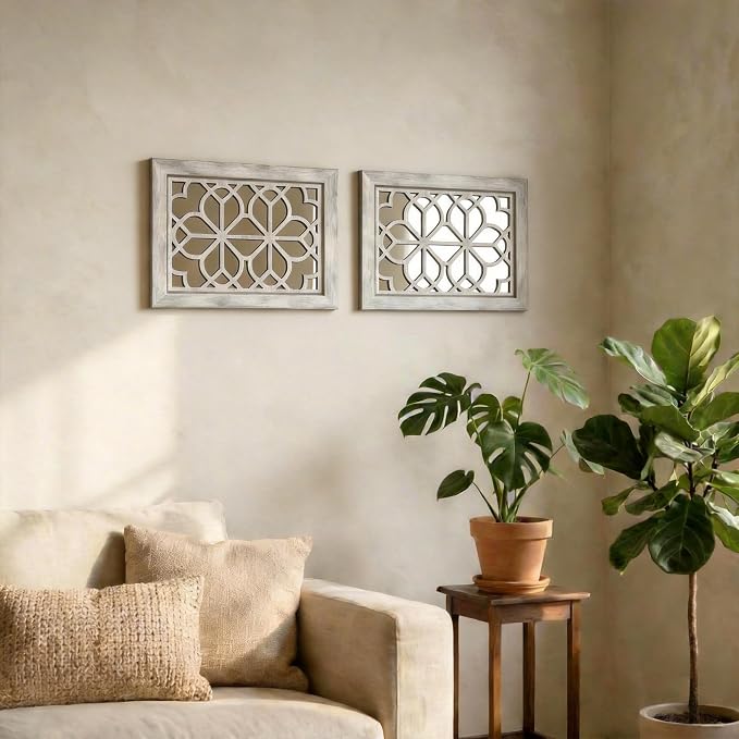Set of 2 13x17 Inch Rectangular Shatterproof Decorative Wall Mirrors, Boho Farmhouse Rustic Vintage Grey Accent Mirrors for Living Room, Bedroom, Entryway & Home Wall Decor（Grey） - Image 3