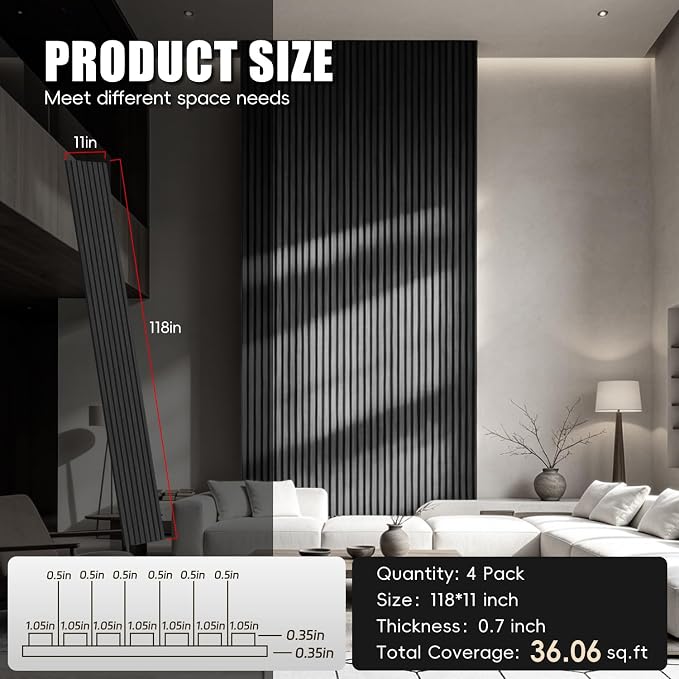 RITOLLO Wood Panels for Wall, 4 Pack Wood Slat Acoustic Panels, 118 x 11 in 3D Fluted Sound Absorbing Panels for Interior Wall Decor, Accent Wall for Living Room, Bedroom, Home Office (Blackwood) - Image 2