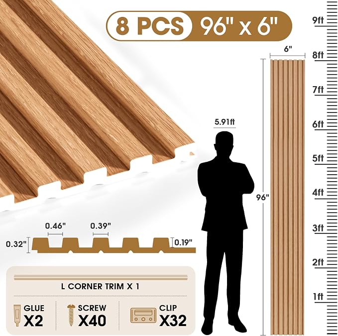 WPC Acoustic Slat Wall Panels 8-Pack 96'' x 6'' | Accent 3D Wall Panel for Interior Wall Decor, Waterproof Fluted Textured Panel Wall Slats,Solid Elm (Cover Approx.32 sq.ft) - Image 2