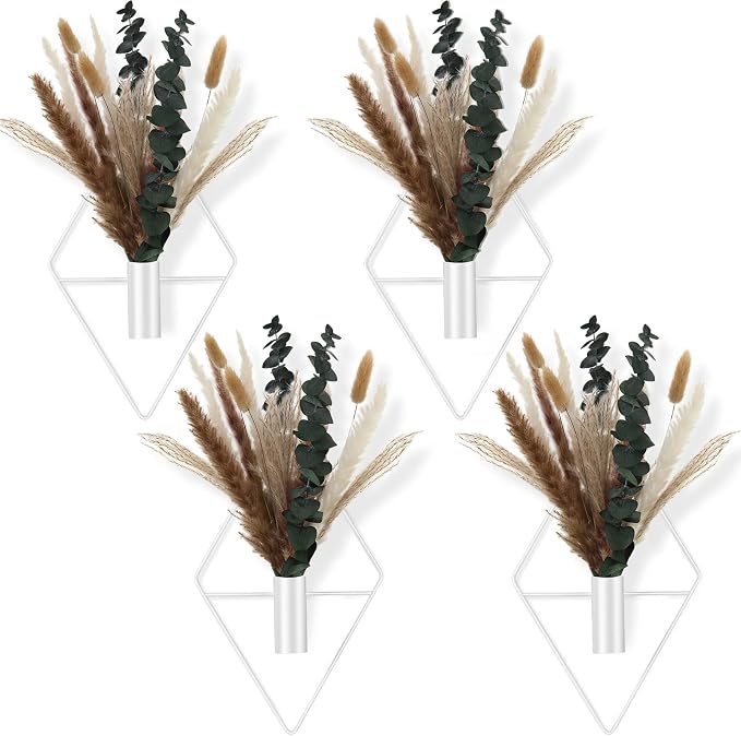Jexine 8 Pcs Hanging Artificial Planters Wall Decor, White, Pampas | Bathroom Wall Decor, Geometric Metal Vase, Indoor Plants, Living Room, Home Office, Entryway, Boho Accent, Wall Mounted by Jexine