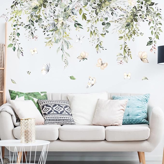 Supzone Hanging Green Leaves Wall Decals - Watercolor Plants Stickers, Large Floral Butterfly Decor, DIY Vinyl Mural Art for Bedroom, Living Room, Offices, Sofa, TV Backdrop by Supzone