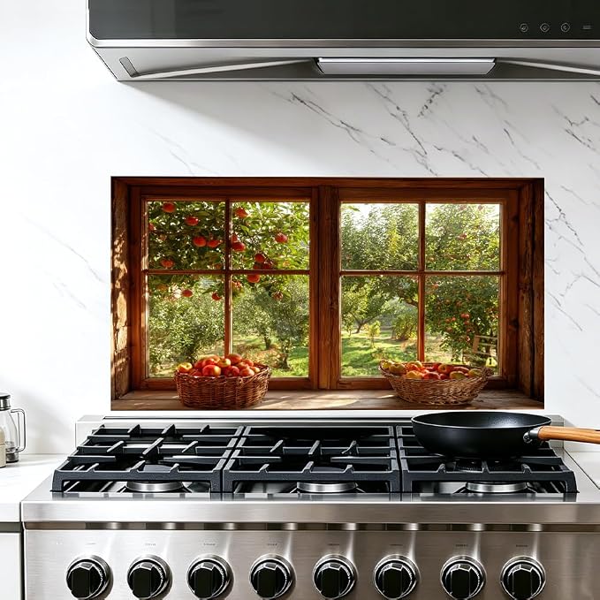 Apple Orchard Kitchen Backsplash Peel and Stick, 30x16 in | Wood frame window view of apple orchard with harvest baskets; flat 2D waterproof peel and stick; wipe clean; 30x16 in by JOYHAUE