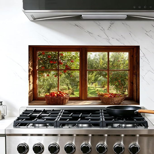 Apple Orchard Kitchen Backsplash Peel and Stick, 30x16 in | Wood frame window view of apple orchard with harvest baskets; flat 2D waterproof peel and stick; wipe clean; 30x16 in by JOYHAUE