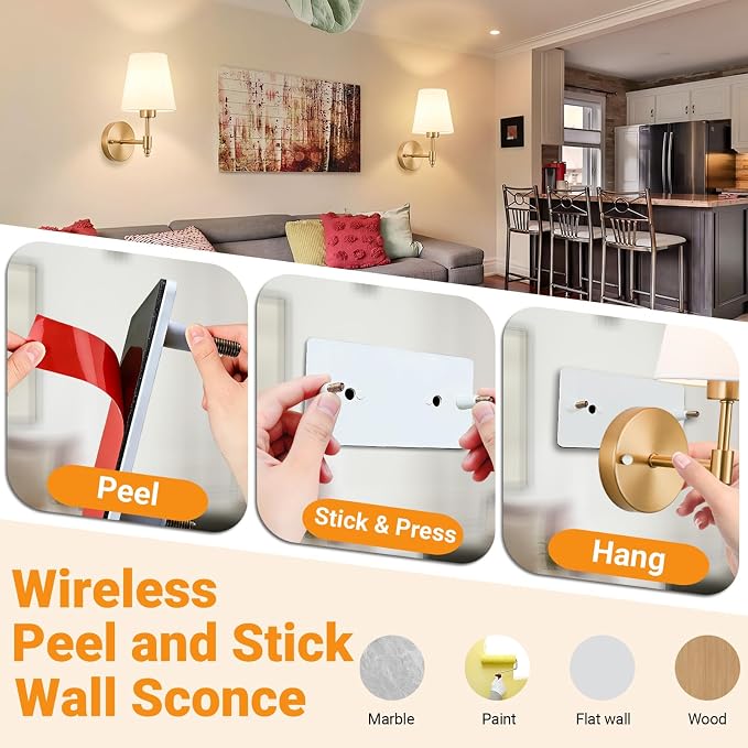 Nekhung Battery Operated Wall Sconce, Peel and Stick Sconces Set of 2 | Wireless Adhesive Stick On Wall Sconce, 10000mAh Rechargeable RGB Bulb with Remote, No Drill Wall Light for Bedroom Decor - Image 3