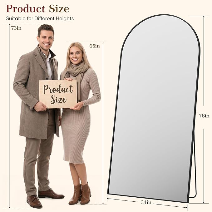76"x34" Arched Full Length Mirror, Full Body Floor Mirror, Black - Image 2