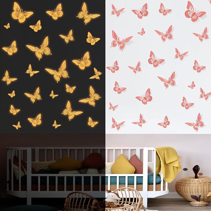 SAOROPEB Glow in The Dark 3D Butterfly 24 Pcs Orange Butterfly Stickers | 3 Sizes, Luminous Butterfly Stickers for Ceiling all, Glow in The Dark Party Supplies, Stickers for Kids Babys Nursery by SAOROPEB