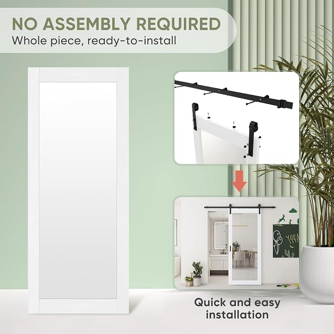 JUBEST 36x84 in Mirror Barn Door and 6.6FT Sliding Door Hardware Kit Included, White Full Length Mirror, Solid Wood Panel Covered with Water-Proof PVC Surface, No Assembly Required - Image 3