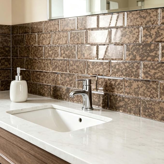 Brown Antique Peel and Stick Mirror Subway Tile 3 x 6 Inch Beveled Mirror Tiles for Kitchen Backsplash Bathroom Wall Pack of 40 Pieces - Image 7
