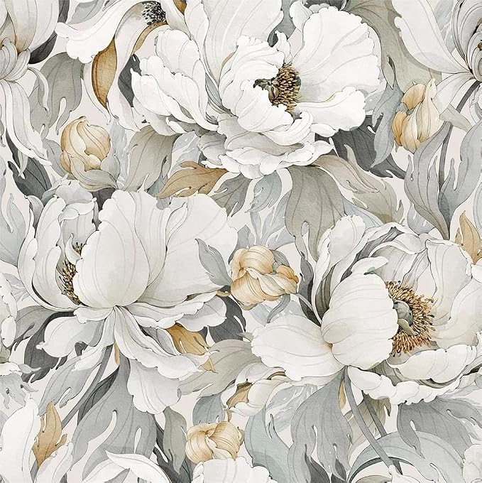 MuralPeel White Poppies Floral Modern Grey Peonies Flowers Peel and Stick Wallpaper Self Adhesive Removable Easy Peel Off Stick on Wall Paper for Bedroom Renter by MuralPeel