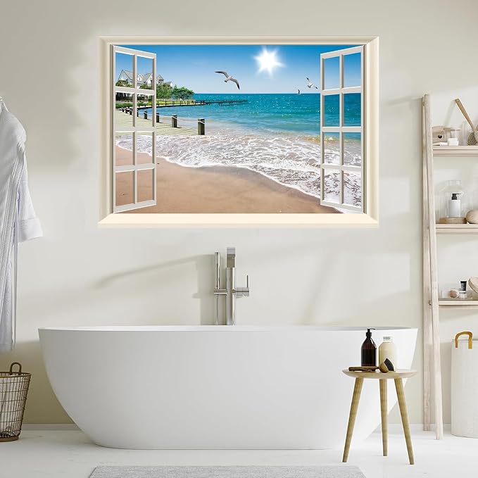 Fake Window Wall Decal- Summer Beach Seascape Open Wall Art Poster Sticker | Faux Window Ocean Coast Natural Scenery Landscape Mural｜ Stick and Peel Wall Decals｜for Room Bedroom Office Decor｜24"x16" - Image 8