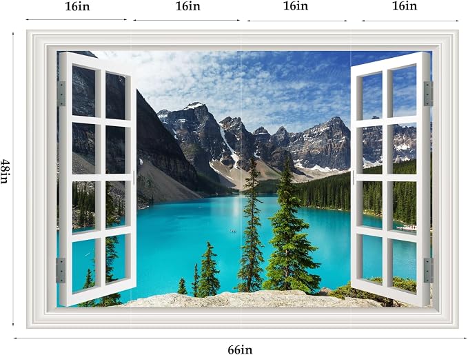 Large Murals Fake Window Wall Decal Summer Mountains Lake View Open Sticker | Faux Window Natural Scenery Landscape Mural｜ Stick and Peel Wall Decals｜for Room Bedroom Office Decor｜66"x48" - Image 4