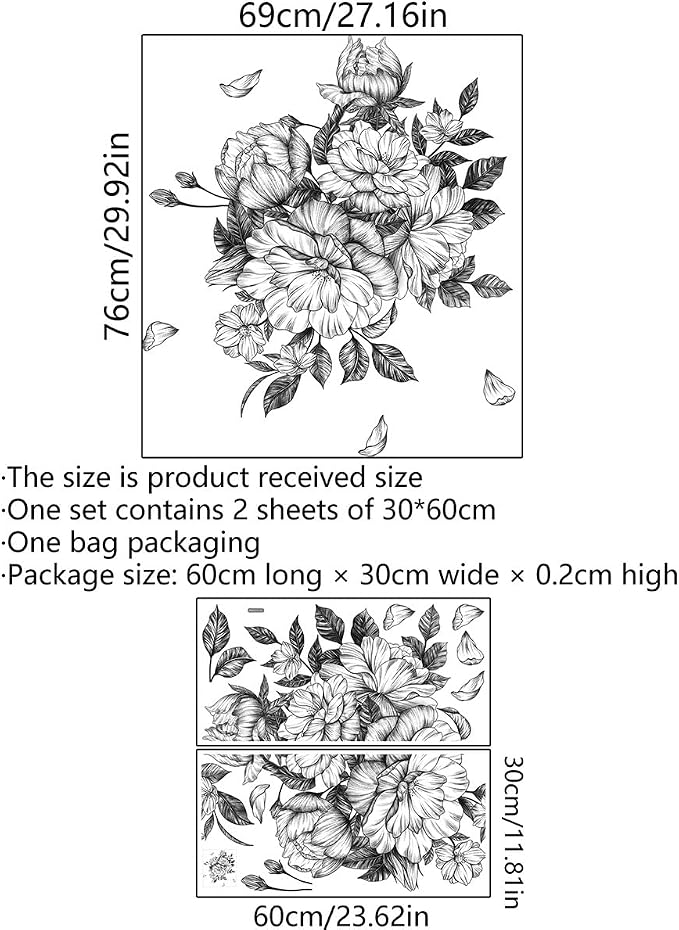 Runtoo Black and White Floral Wall Decals Peony Flower Wall Stickers Living Room Bedroom Office Wall Decor - Image 4