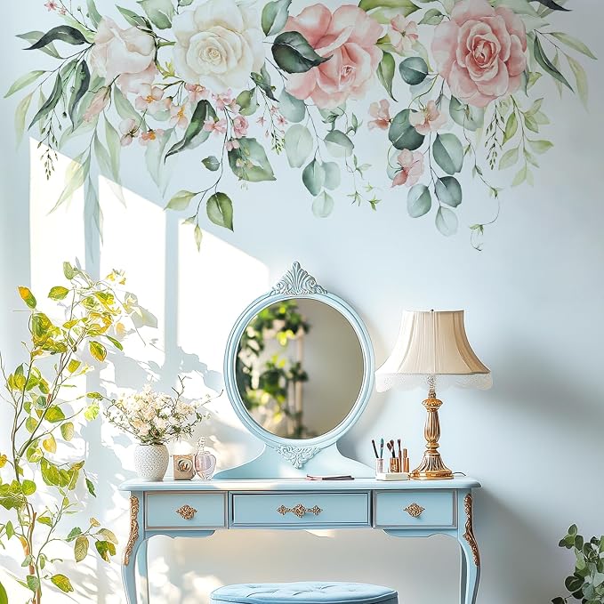 Flowers Leaves Wall Decals Peel and Stick, Large Hanging Floral Vinyl Wall Stickers, Removable Vine Home Decor Art for Bedroom Living Room Classroom Office - Image 8
