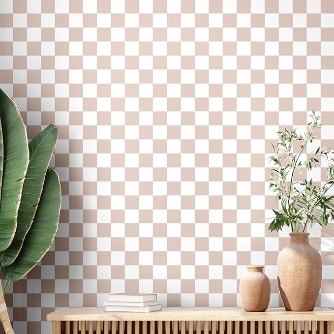 Drydiet Light Brown Checkered Peel and Stick Wallpaper 15.75'' X 197" | Plaid Funky Checkered Contact Paper, Waterproof Contact Wallpaper, Vintage Gingham Decor for Room Bathroom Cabinet, Trendy by Drydiet