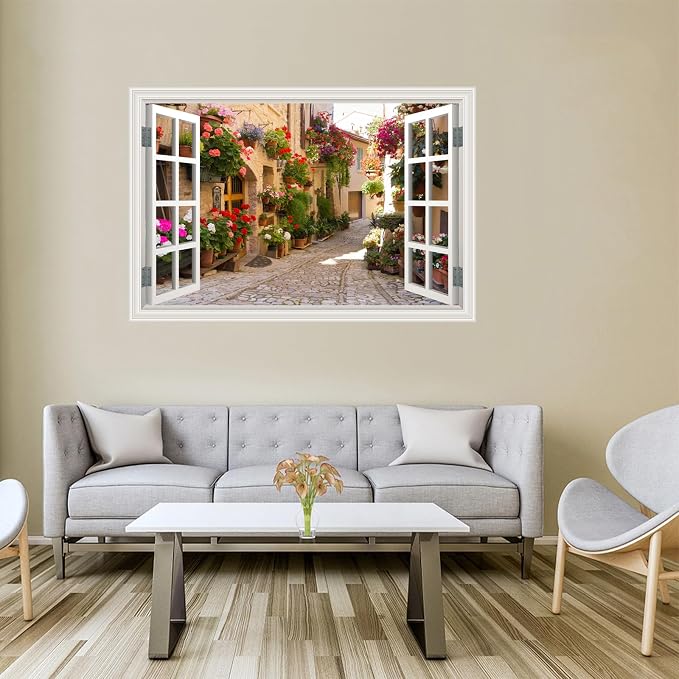 Fake Window Wall Decals Spring Italy Rose Alley Flower Wall Art Sticker | ｜Faux Window Natural Scenery Landscape Mural ｜ Stick and Peel Wall Decal｜Room Bedroom Office﻿ Decor｜48"x32",Set of 2 Sheets - Image 8
