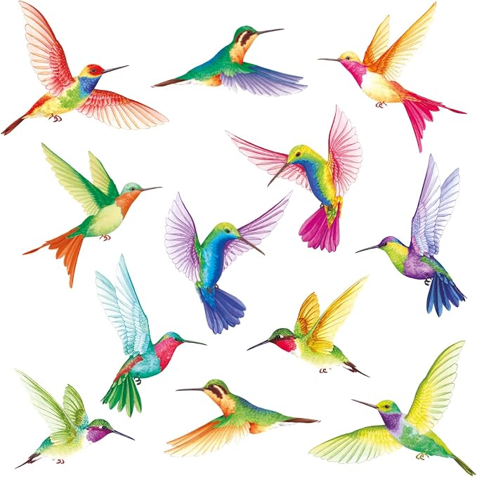 DECOWALL 12 Colorful Hummingbirds Wall Stickers Decals Watercolor (DS6-8060 | Peel and stick removable decor with vibrant multicolor flying birds for nursery, bedroom, living room, office and window by DECOWALL