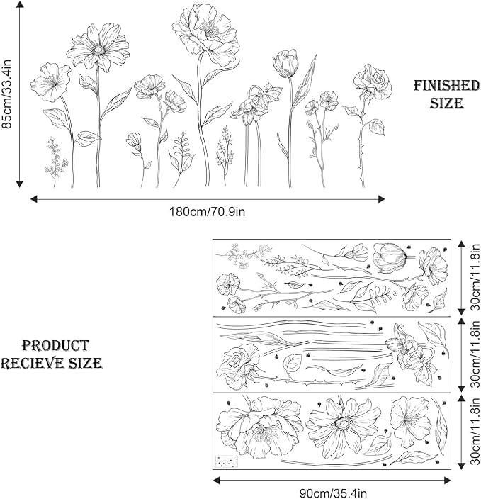 Large Black Boho Flower Wall Decals, 3 Sheets Simple Sketch Floral Wall Stickers Peony Wildflower Peel Stick Wall Art Decor Bedroom Home Room Office Garden Hall Adult Gifts for Mom(11.8x35.4 in/Sheet) - Image 3