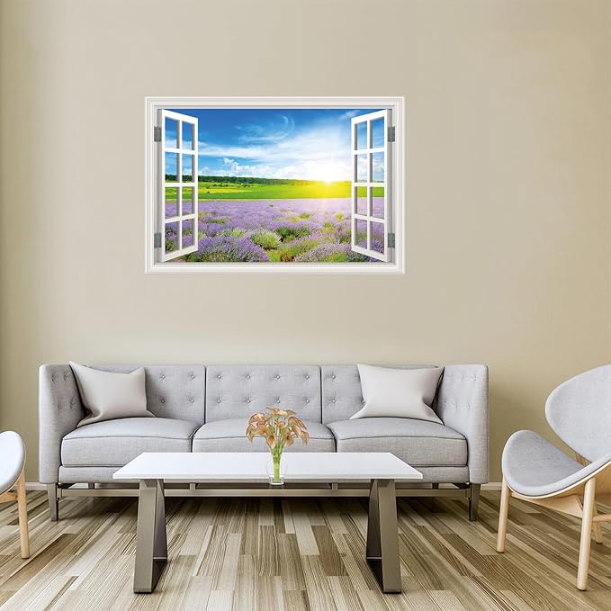 Fake Window Wall Decal- Summer Grassland Lavender Flower Open Wall Sticker | Faux Window Natural Scenery Landscape Mural｜Stick and Peel Wall Decals｜for Room Office Scene Decor｜48"x32",Set of 2 Sheets - Image 4