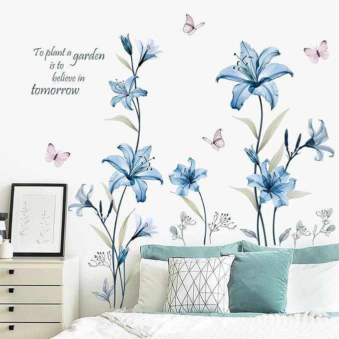 wondever Blue Lily Flower Wall Decals Floral Butterfly Wall Stickers | Peel and Stick, Removable, Wall Art Decals, Wall Decoration, Living Room Bedroom, Office Sofa TV Home Wall Decor - Image 3