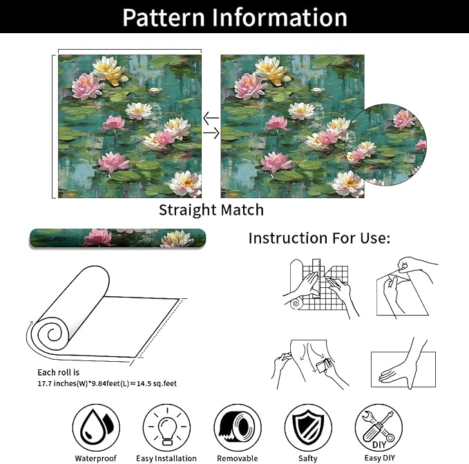 Lotus Removable Self-Adhesive Wallpaper for Bedroom & Living Room Decor 17.7×236 Inch,Waterproof Wall Covering for Accent Walls, Apartment, Nursery - Image 9