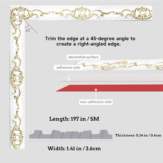 Flexible Wall Trim, 16.4 Feet Self-Adhesive Peel & Stick Molding, Cabinet Border, Mirror Frame Trim for Home Decor (White & Gold) - Image 2